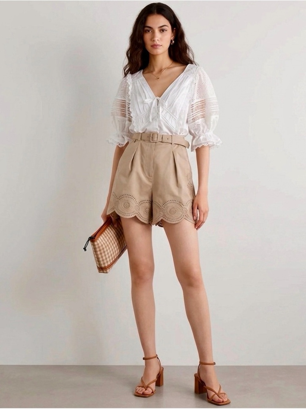 Self-Portrait Schiffli Scalloped Eyelet High Waist Tan Cotton Shorts Belted Sz 2